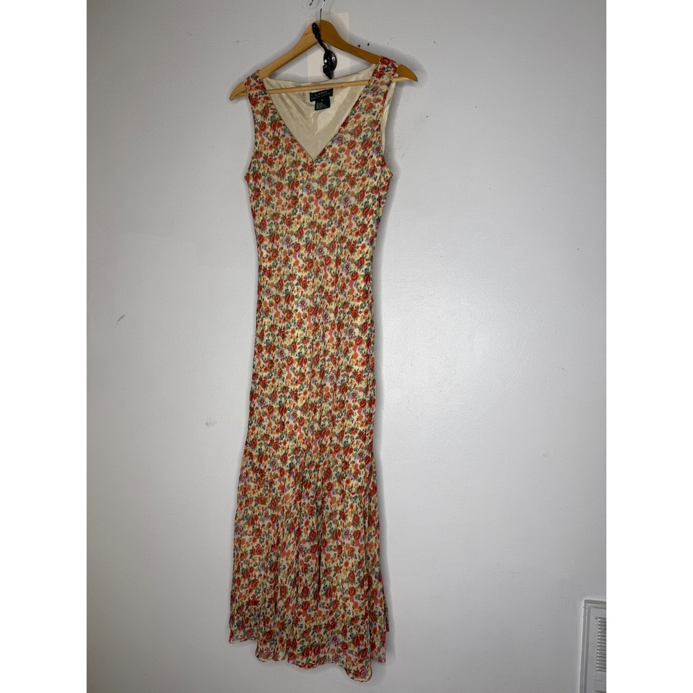 Lauren Ralph Lauren Silk Floral Maxi Dress V-Neck Sleeveless Multi-Color Size 10